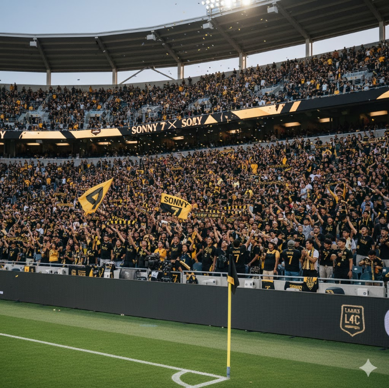 LAFC 홈구장 BMO 스타디움에서 팬들이 검정과 금색 응원 도구를 들고 열광하는 장면. LAFC 홈구장 BMO 스타디움에서 팬들이 검정과 금색 응원 도구를 들고 열광하는 장면.